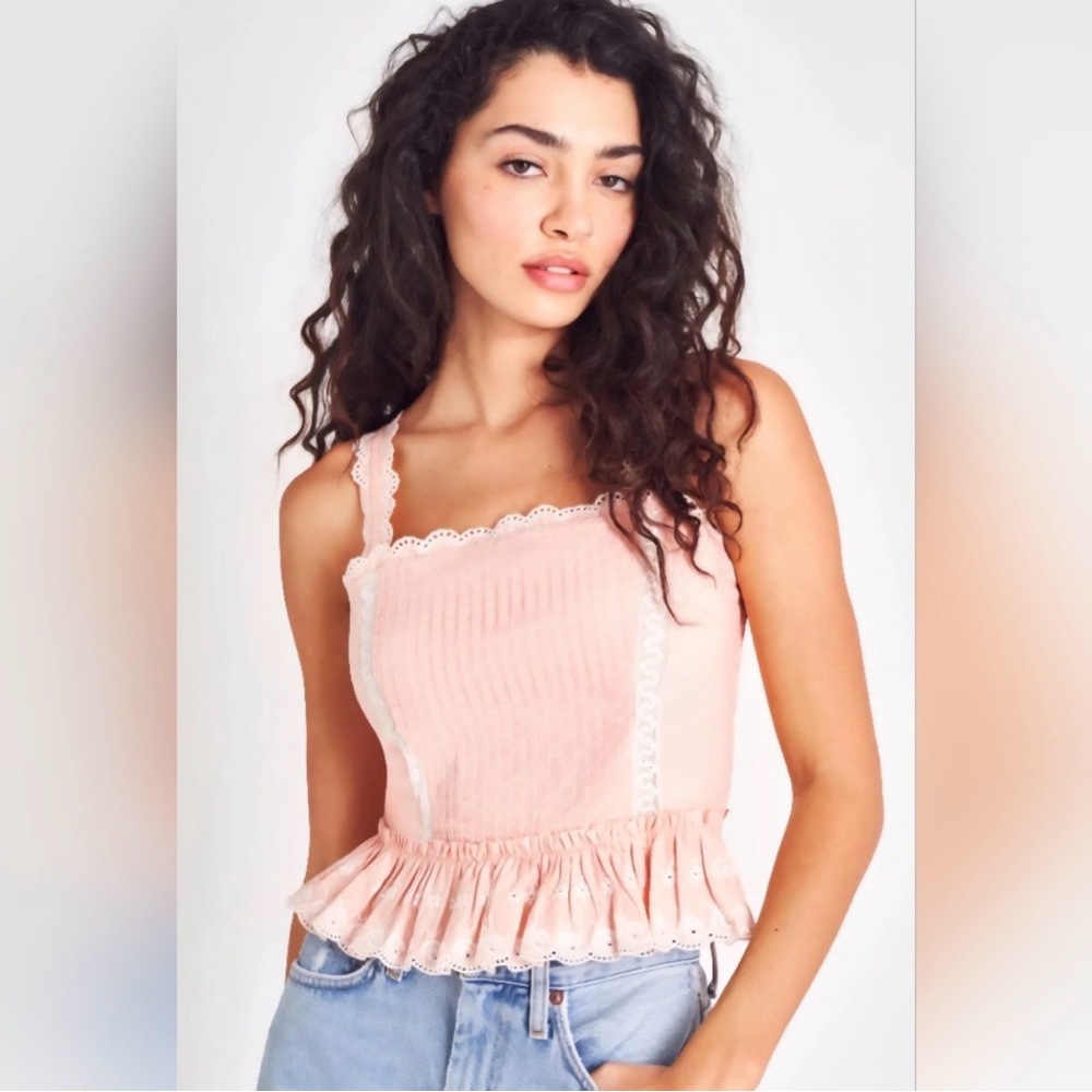 LoveShackFancy Blush Pink Lace-Trim Peplum Cami